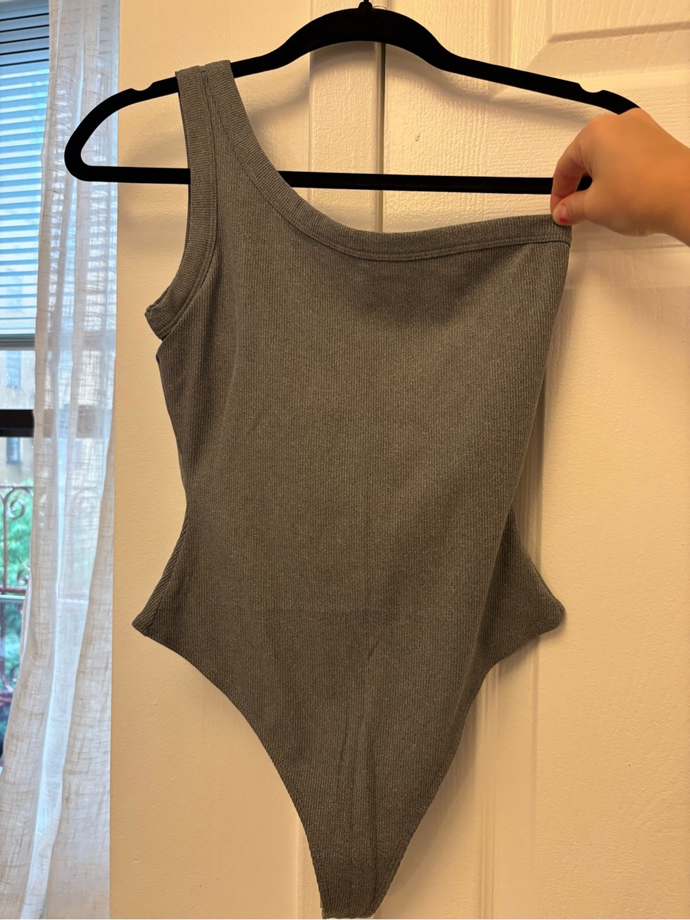 Girlfriend Collective Tate One Shoulder Bodysuit - Built in bra, Gray, Size M